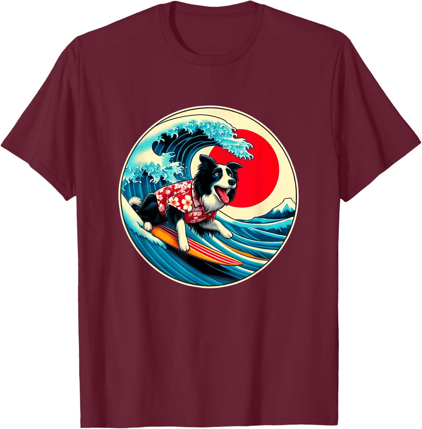 Great Wave Kanagawa Border Collie dog Surfing Women Kids T-Shirt - T-Shirt | Maroon