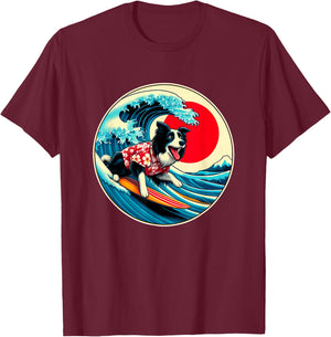 Great Wave Kanagawa Border Collie dog Surfing Women Kids T-Shirt - T-Shirt | Maroon