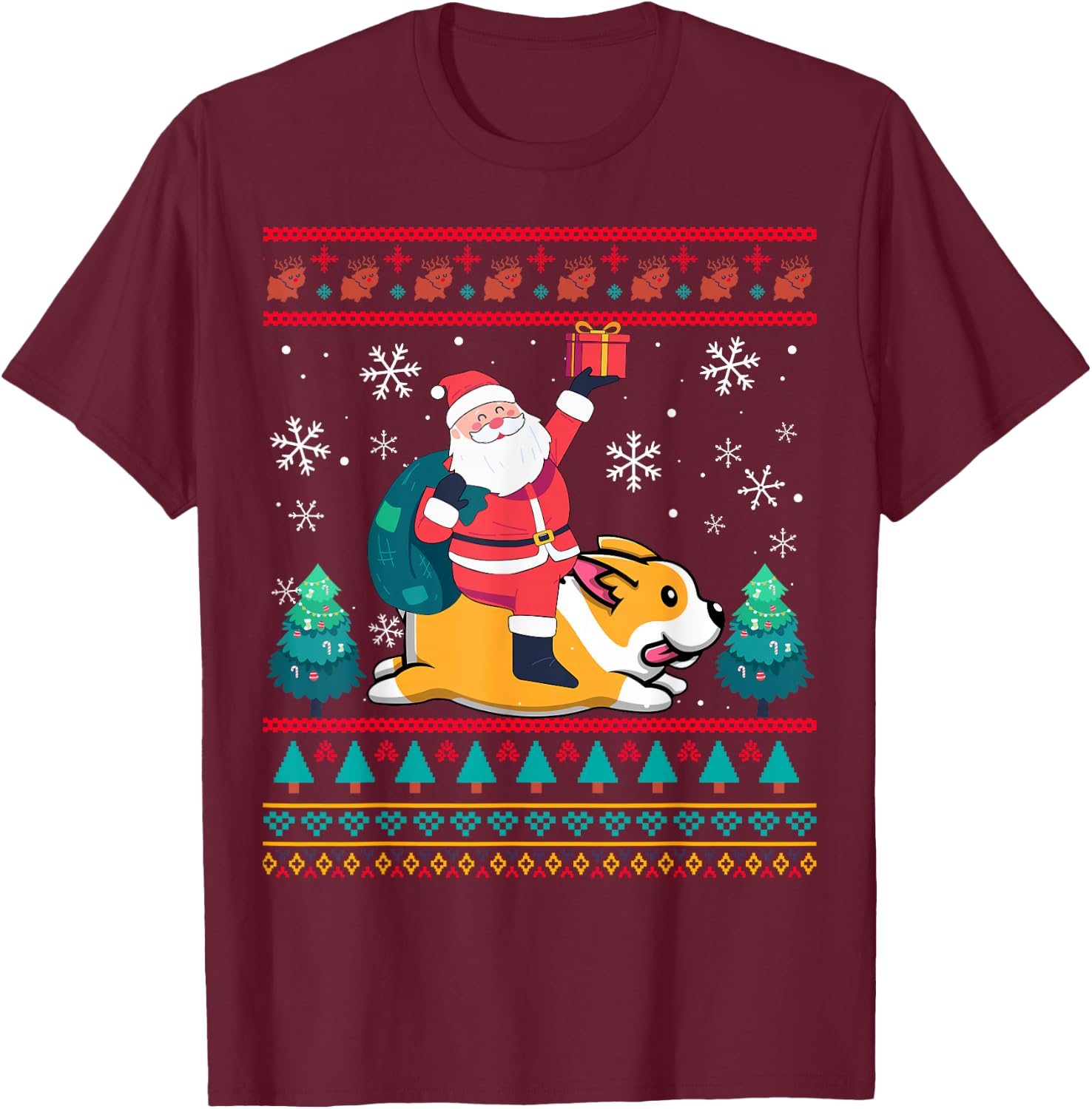Xmas Sweater Ugly Santa Riding Corgi Dog Christmas Women Kids T-Shirt - T-Shirt | Maroon