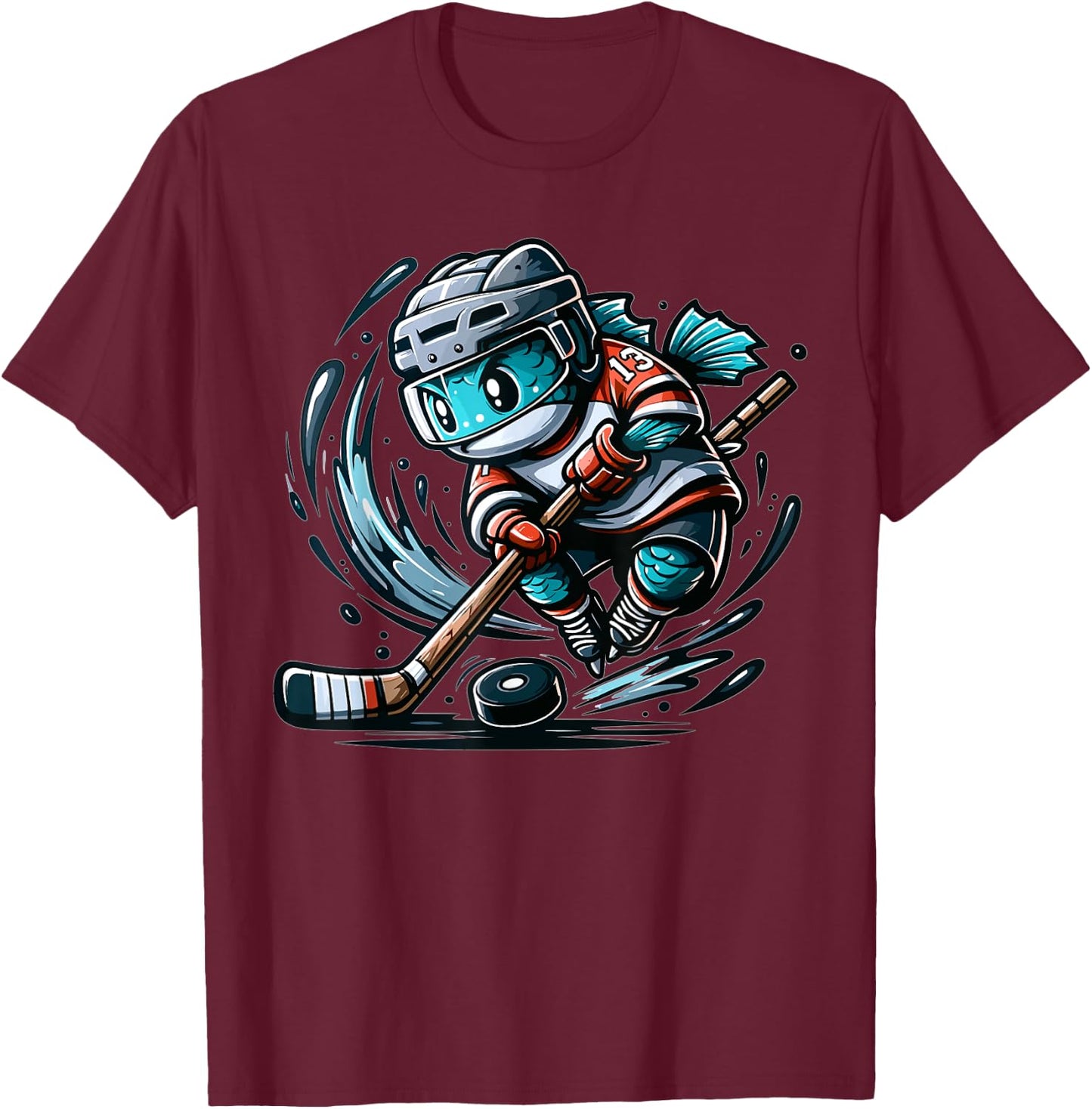Funny Fishing Design, Fish Playing Hockey T-Shirt - T-Shirt | Maroon