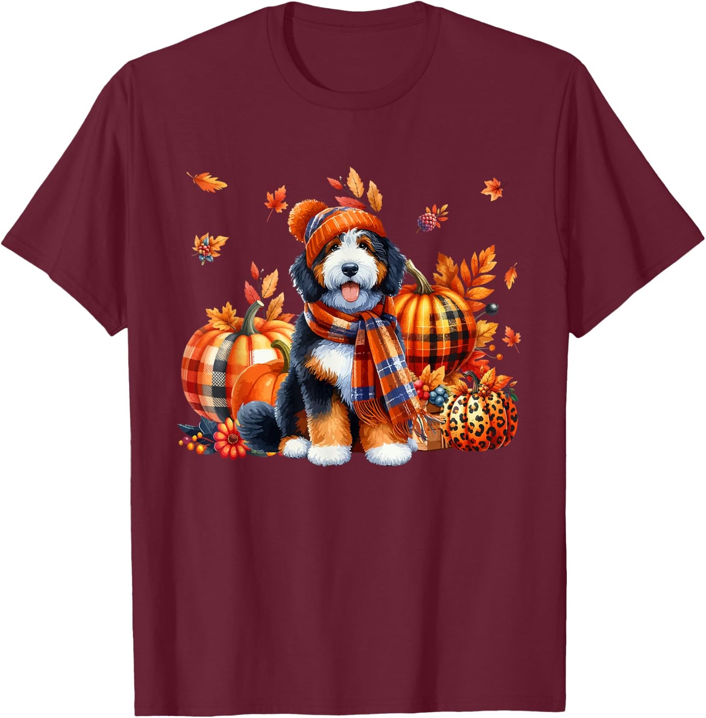Bernedoodle Thanksgiving Leopard Pumpkins Fall Leaves Lover T-Shirt - T-Shirt | Maroon