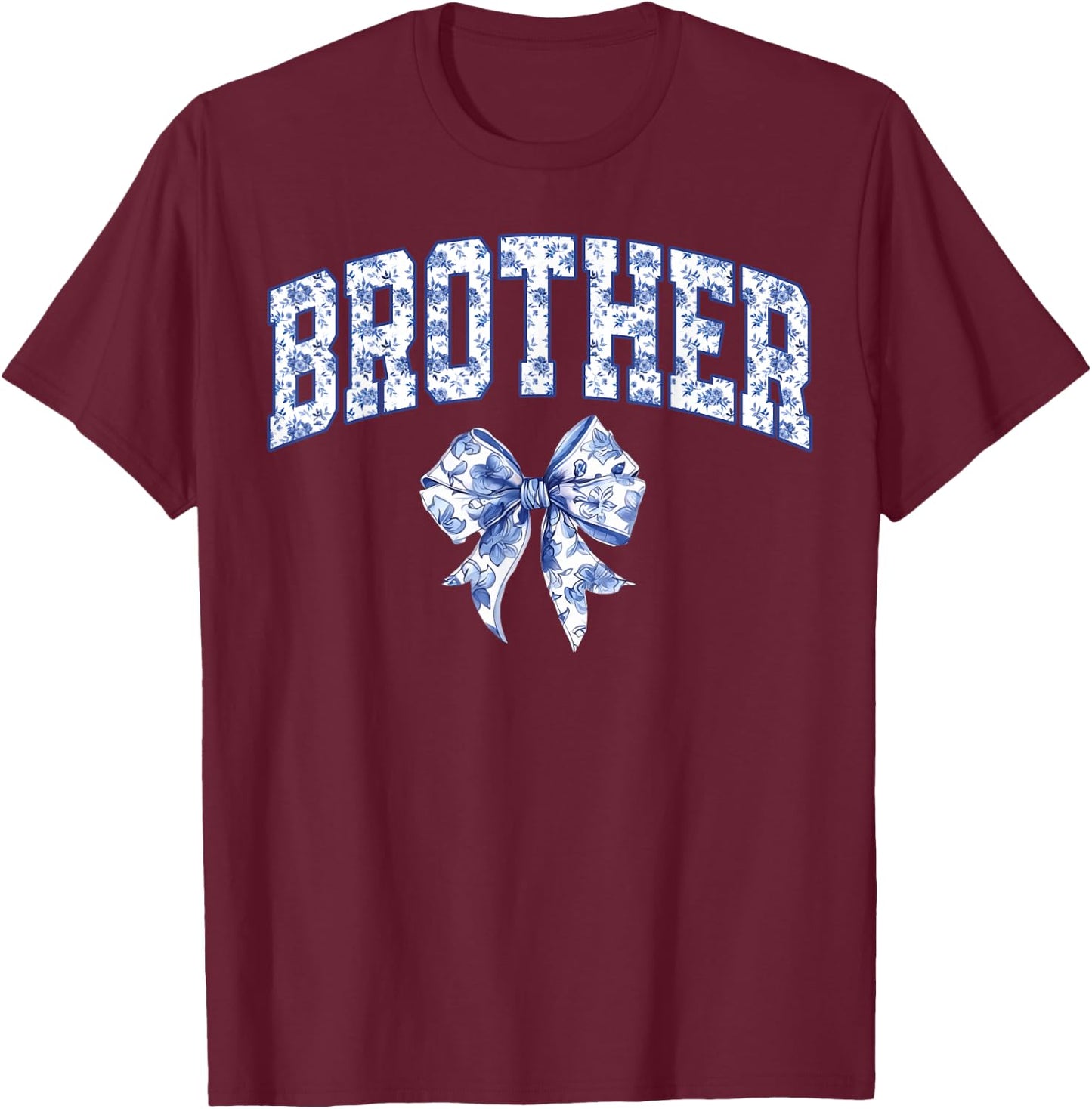 Brother Coquette Toile Blue Bow Floral Family Matching T-Shirt - T-Shirt | Maroon