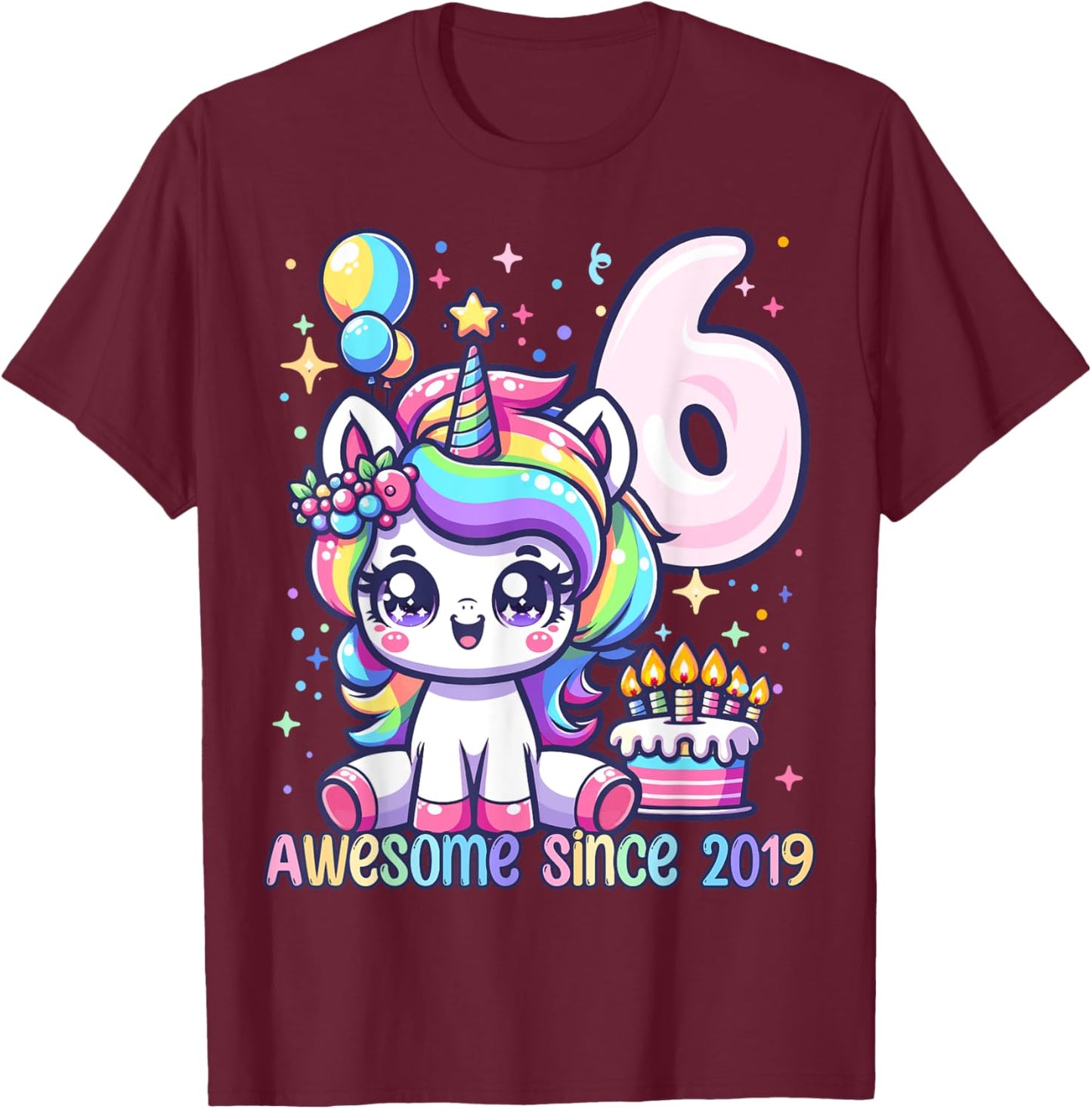 Unicorn 6th Birthday 6 Year Old Unicorn Party Girls Outfit T-Shirt - T-Shirt | Maroon