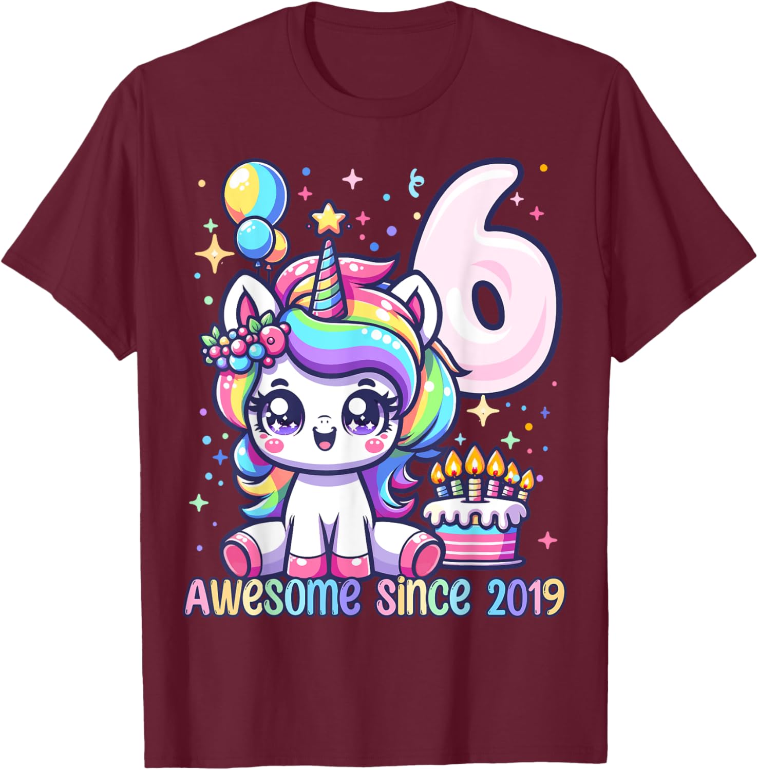 Unicorn 6th Birthday 6 Year Old Unicorn Party Girls Outfit T-Shirt - T-Shirt | Maroon