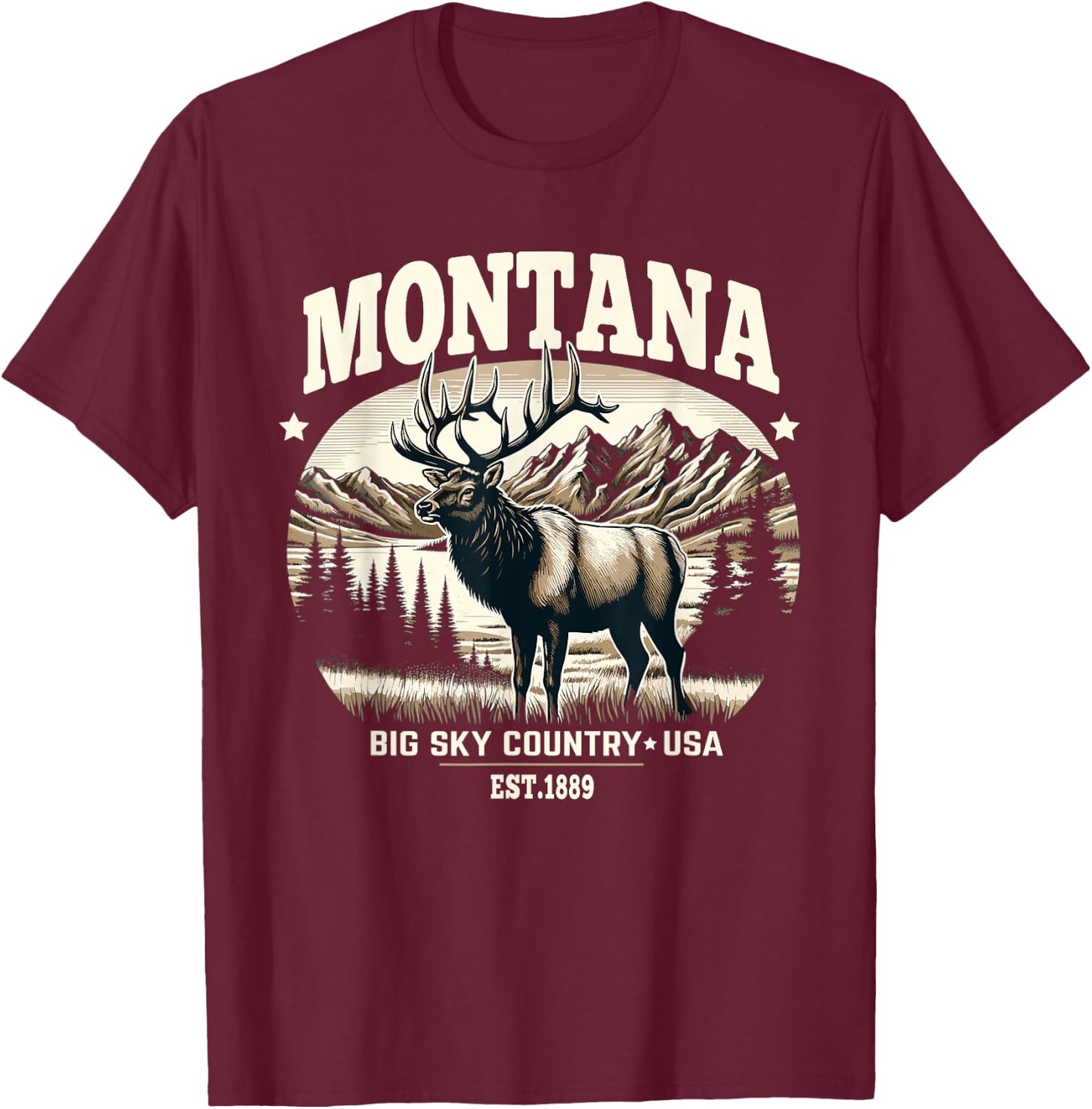 Montana Rocky Mountain Elk, Big Sky Country Design T-Shirt - T-Shirt | Maroon