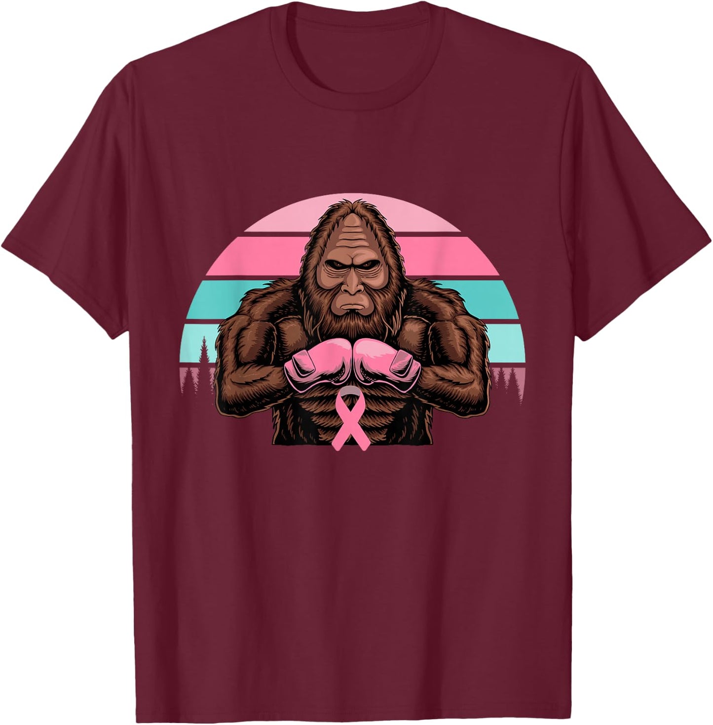 Bigfoot Boxing Pink Ribbon Breast Cancer Awareness Retro T-Shirt - T-Shirt | Maroon
