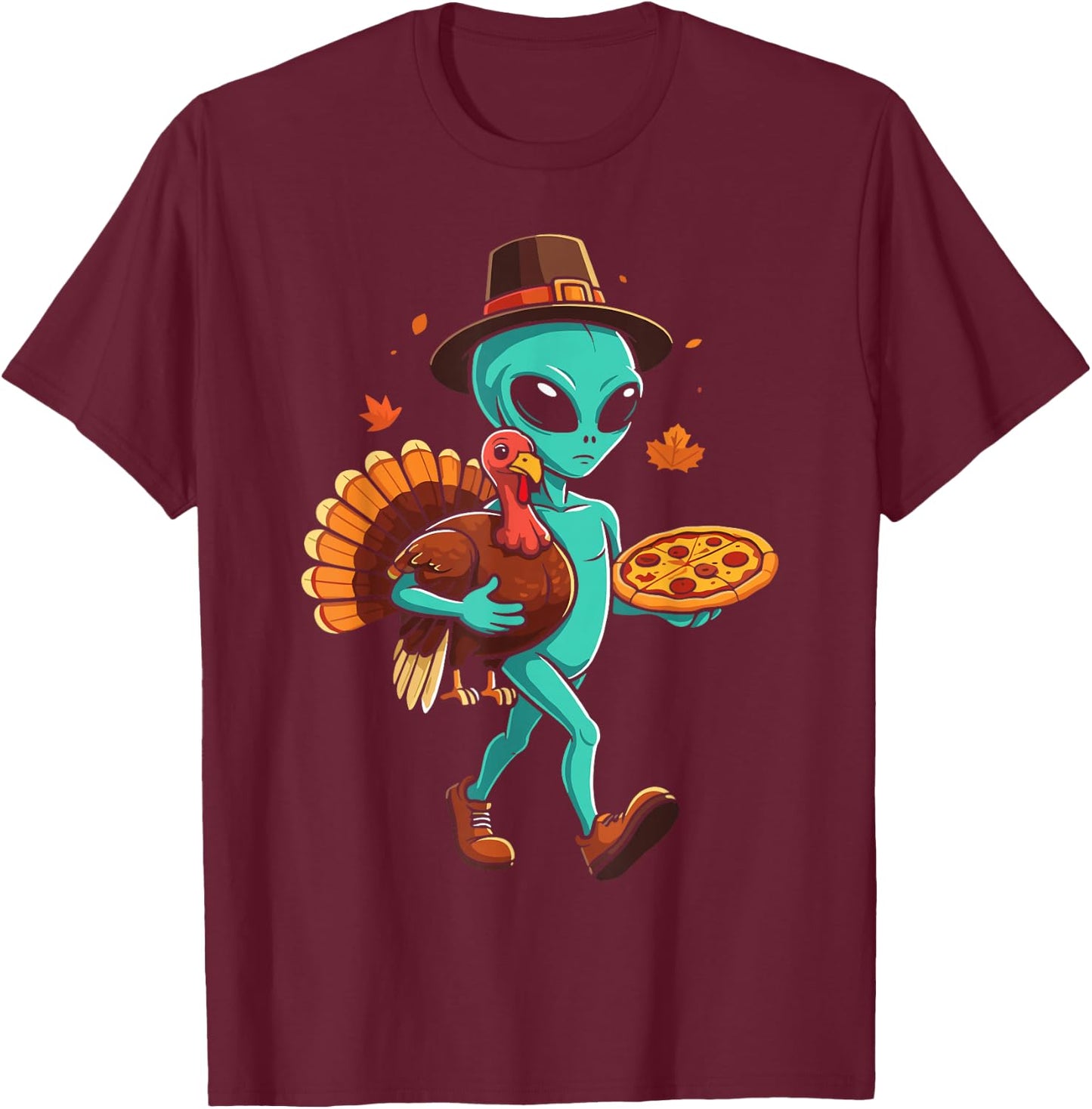 Alien turkey pizza thanksgiving day fall alien pilgrim T-Shirt - T-Shirt | Maroon