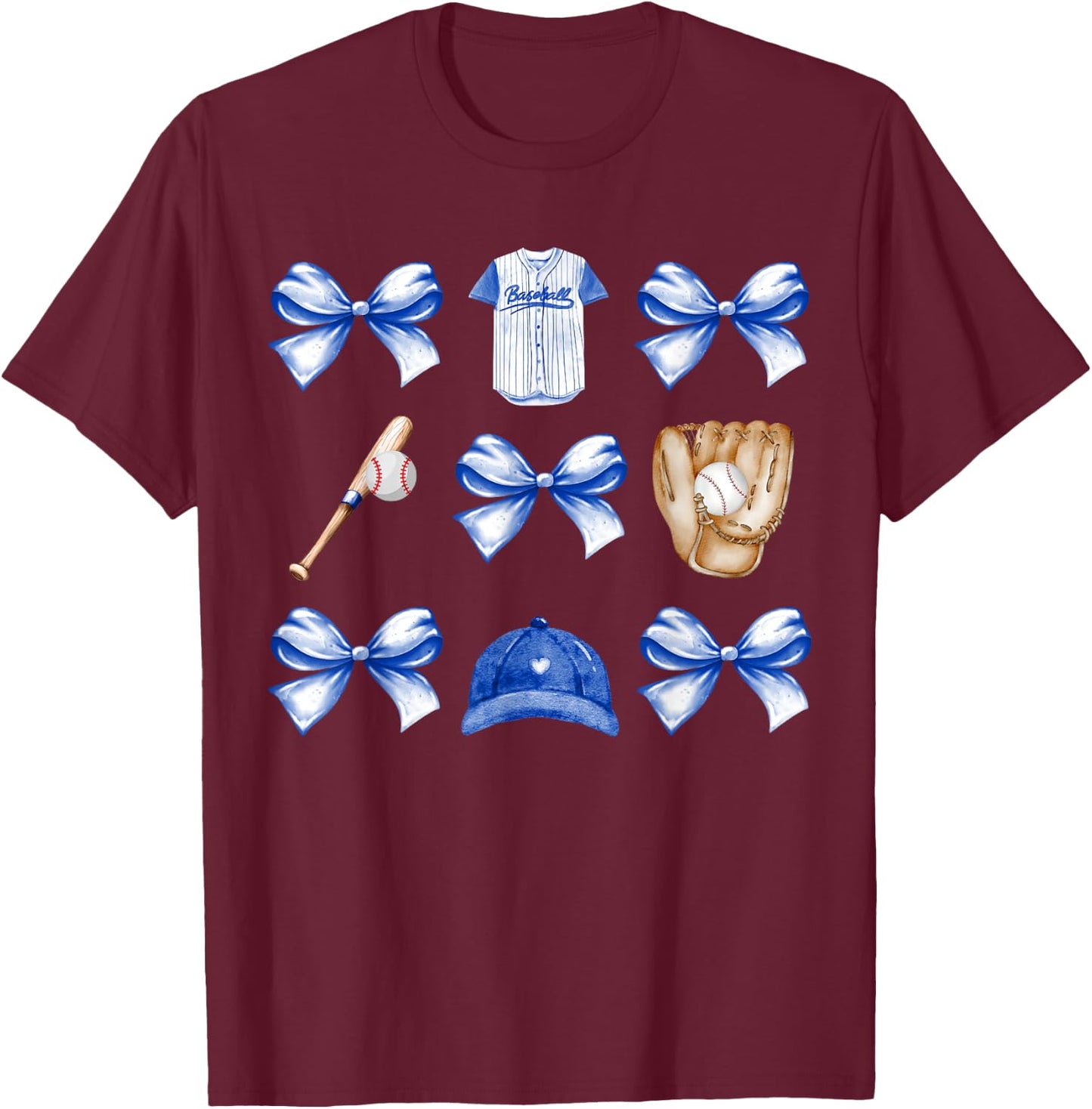 Baseball Game Day Blue Coquette Bow Baseball Mom Retro T-Shirt - T-Shirt | Maroon