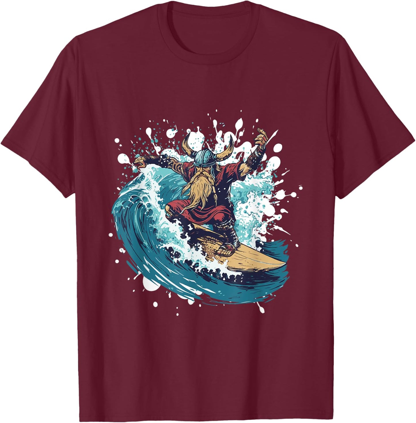 Viking On Surfboard | Odin Surfing T-Shirt - T-Shirt | Maroon