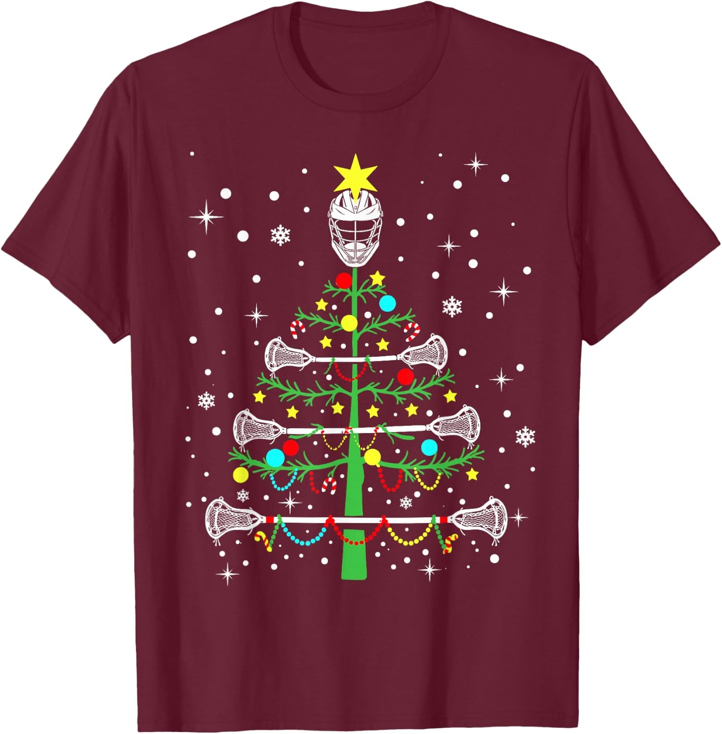 Funny Lacrosse Player Xmas Lights Lacrosse Christmas Tree T-Shirt - T-Shirt | Maroon