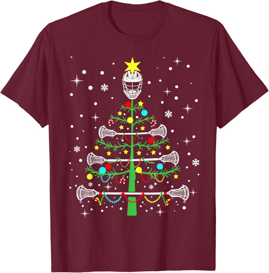 Funny Lacrosse Player Xmas Lights Lacrosse Christmas Tree T-Shirt - T-Shirt | Maroon