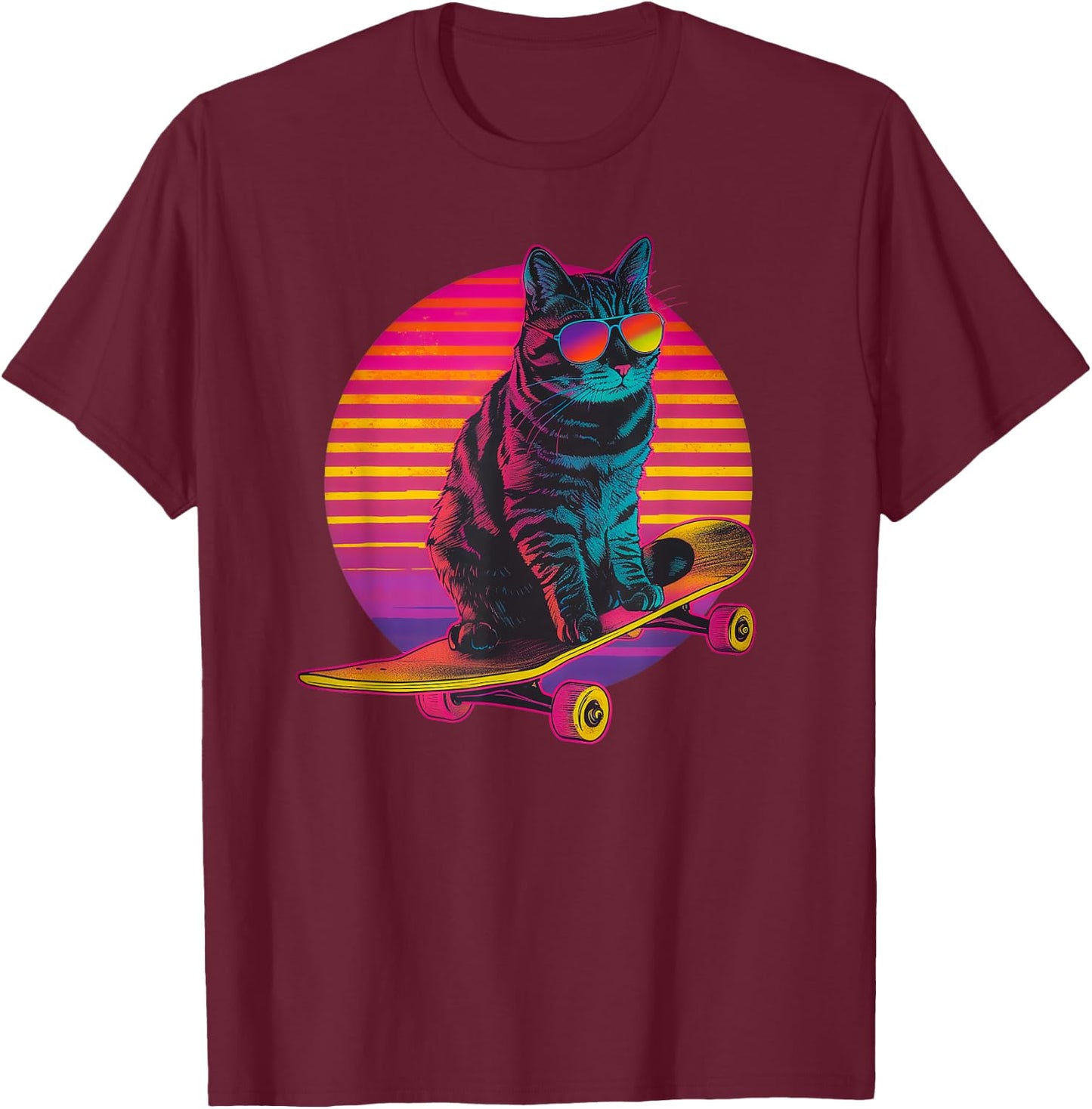 Retro Cat on Skateboard Retro Sunset Women Girls Kids T-Shirt - T-Shirt | Maroon
