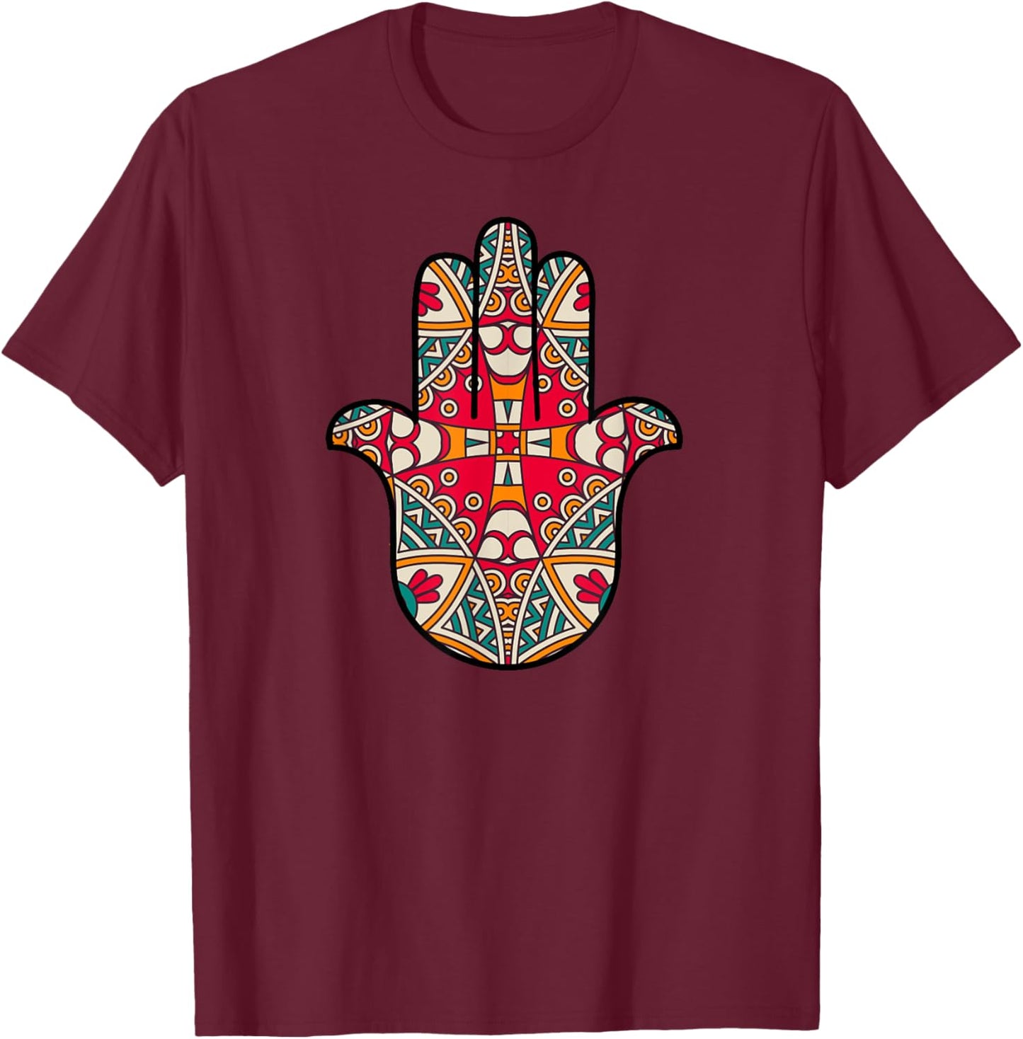 Hamsa Hand, Hamesh, Hand of Miriam Mandala Pattern T-Shirt - T-Shirt | Maroon