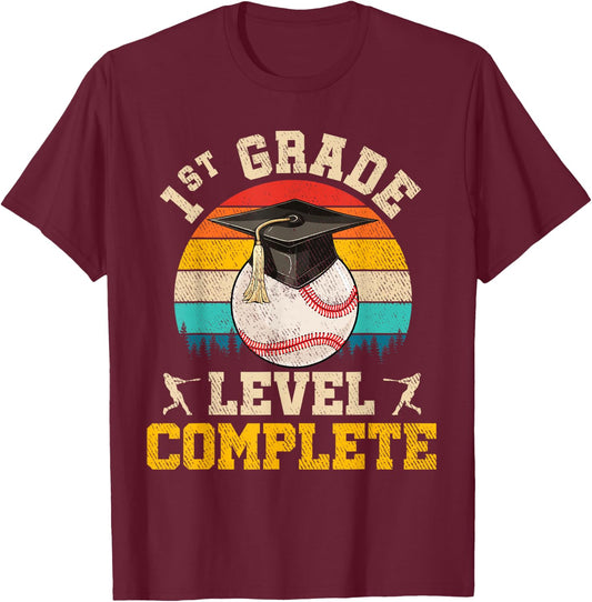 1st Grade Level Complete Baseball Boy Last Day Of School T-Shirt - T-Shirt | Maroon
