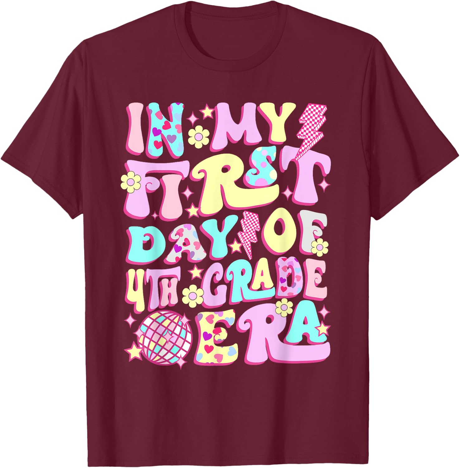 Groovy In My First Day 4th Grade Era Back To School Girls T-Shirt - T-Shirt | Maroon