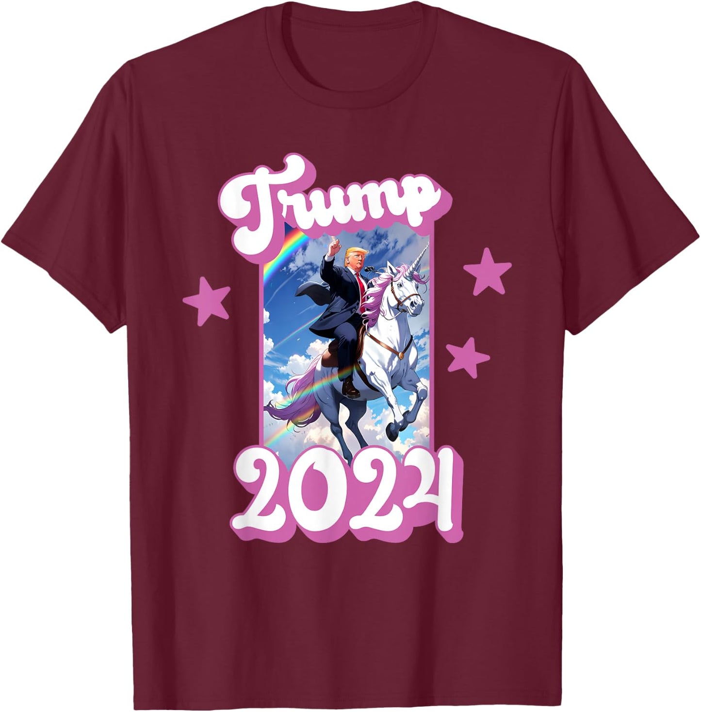 Funny Donald Trump Riding an Unicorn. Pink Trump 2024 Girl T-Shirt - T-Shirt | Maroon