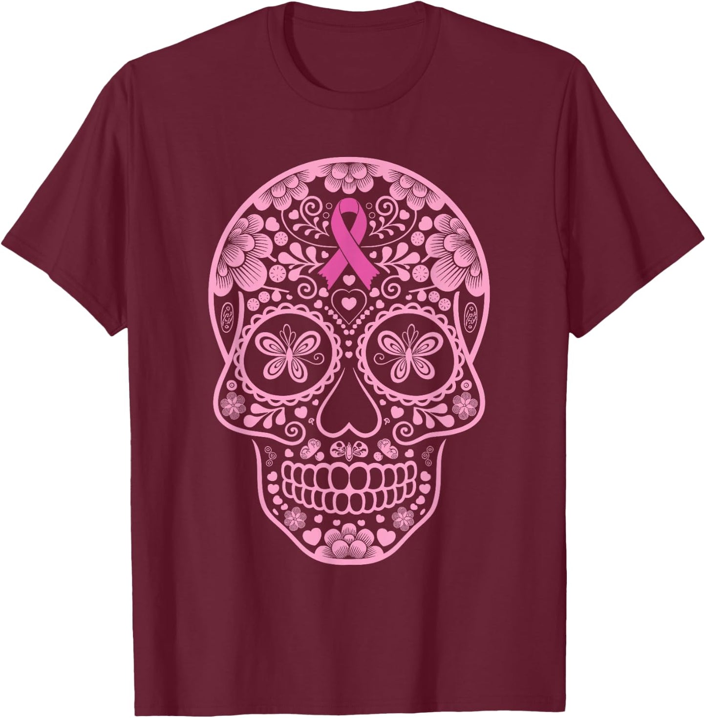 Sugar Skull Pink Ribbon Calavera Breast Cancer Awareness T-Shirt - T-Shirt | Maroon