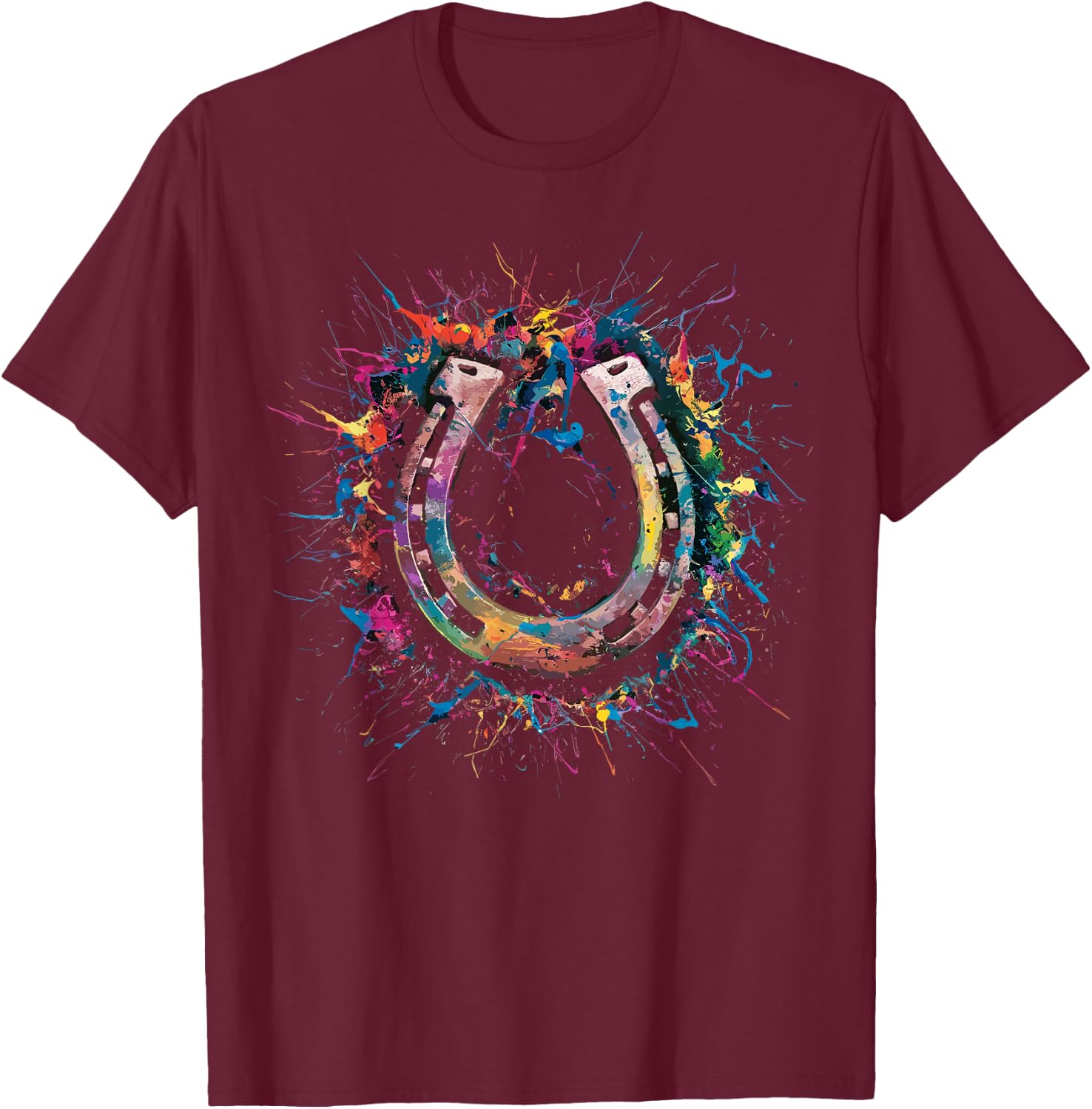 Colorful Paint Splash Horseshoe Art Graphic T-Shirt - T-Shirt | Maroon
