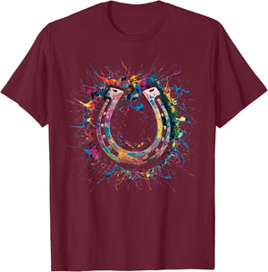 Colorful Paint Splash Horseshoe Art Graphic T-Shirt - T-Shirt | Maroon