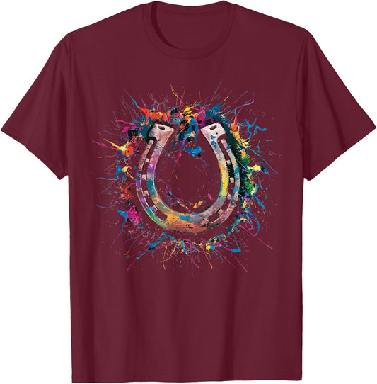 Colorful Paint Splash Horseshoe Art Graphic T-Shirt - T-Shirt | Maroon