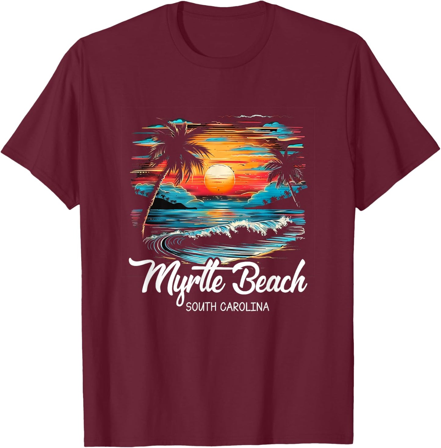 Family Vacation Retro Sunset South Carolina Myrtle Beach T-Shirt - T-Shirt | Maroon