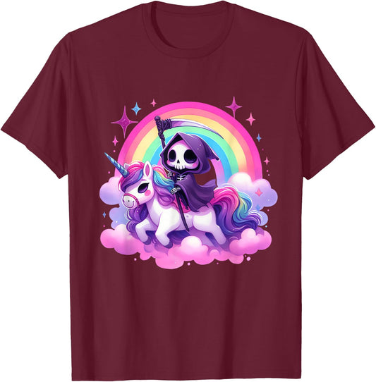Funny Humor Rainbow Gothic Grim Reaper Riding Unicorn Kids T-Shirt - T-Shirt | Maroon