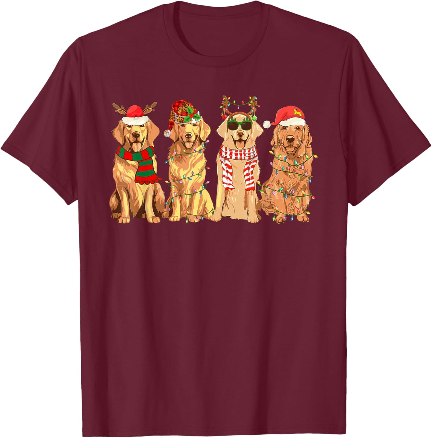 Funny Dogs Golden Retriever Christmas Xmas Lights Dog Lover Men Women Kids T-Shirt - T-Shirt | Maroon