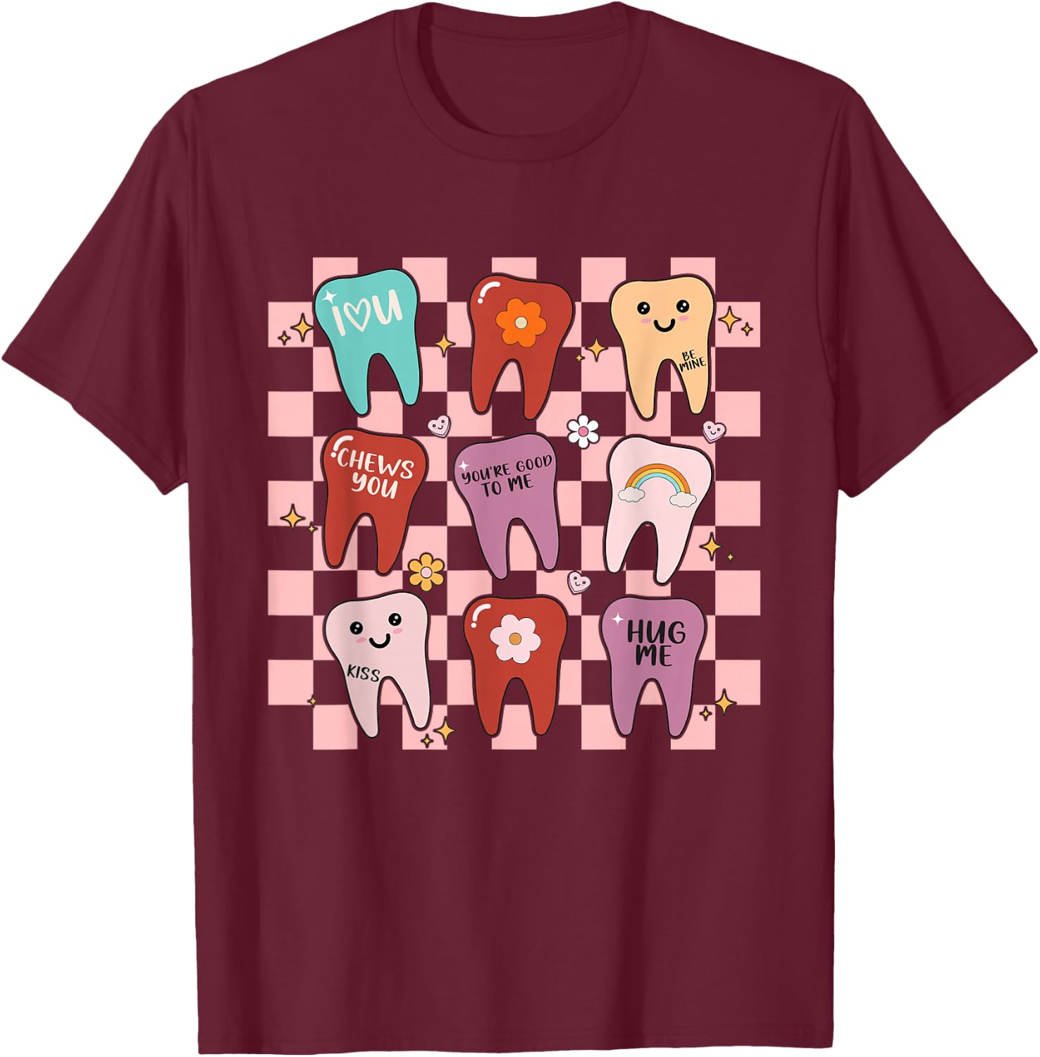 Dental Valentines Cute Teeth Hugging Heart Dentist T-Shirt - T-Shirt | Maroon