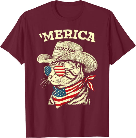 Funny USA Merica Cat 4th of July Patriotic America Men Women T-Shirt - T-Shirt | Maroon