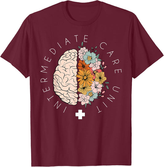 Floral Brain IMCU Intermediate Care Unit Nurse Appreciation T-Shirt - T-Shirt | Maroon