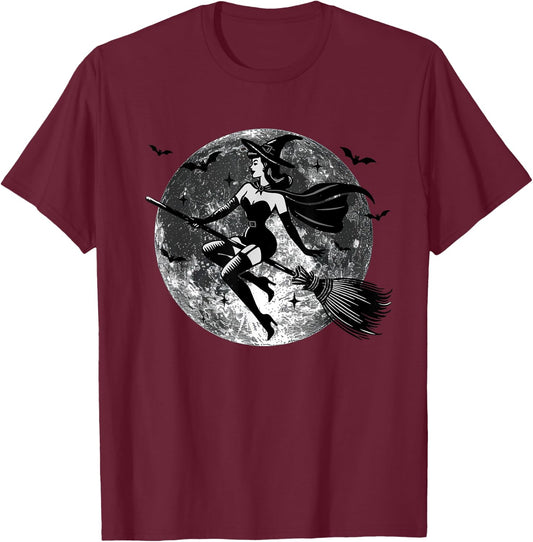 Retro Vintage Sexy Witch on the Broom Moon Halloween T-Shirt - T-Shirt | Maroon