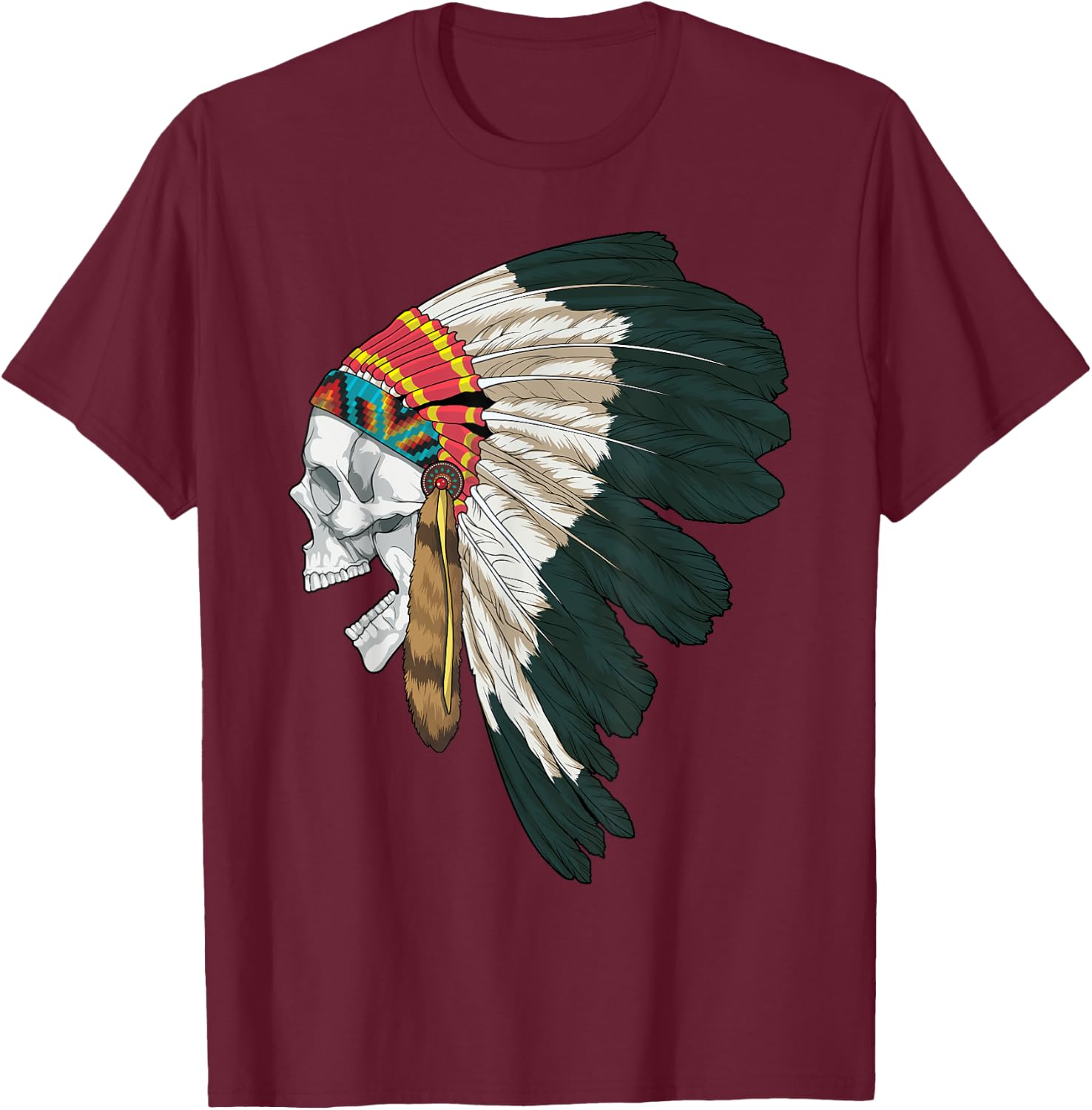 American Skull Native Indian Eagle Chief Tribal Headdress T-Shirt - T-Shirt | Maroon