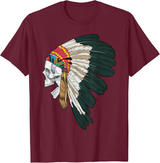 American Skull Native Indian Eagle Chief Tribal Headdress T-Shirt - T-Shirt | Maroon