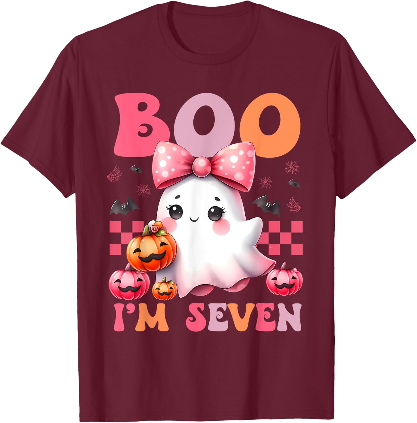 Boo I'm Seven Ghost Seventh 7th Birthday Halloween Girls T-Shirt - T-Shirt | Maroon