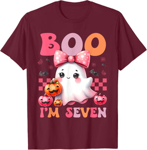 Boo I'm Seven Ghost Seventh 7th Birthday Halloween Girls T-Shirt - T-Shirt | Maroon