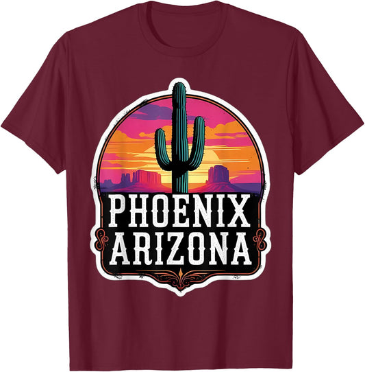 Vintage Phoenix Arizona Cactus Retro Sunset Valley Sun Cacti T-Shirt - T-Shirt | Maroon