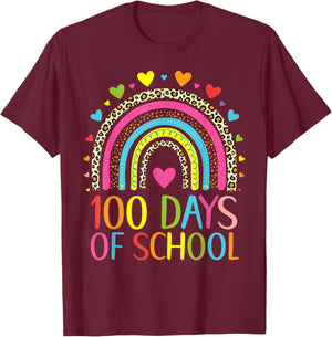 100 Days Of School Leopard Rainbow Happy 100th Day Teacher T-Shirt - T-Shirt | Maroon
