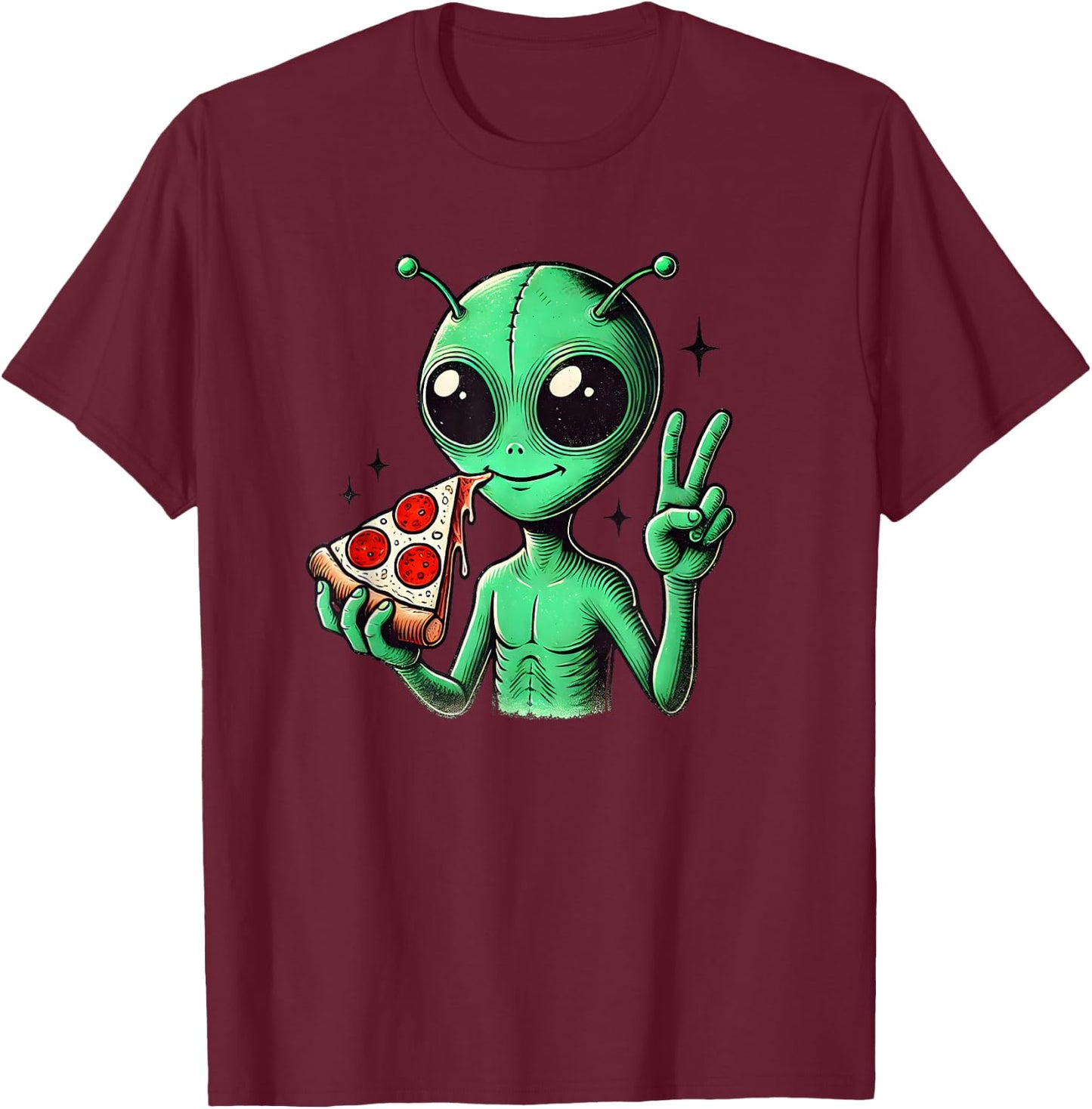 Funny Alien Head Eating Pizza UFO Extraterrestrial T-Shirt - T-Shirt | Maroon