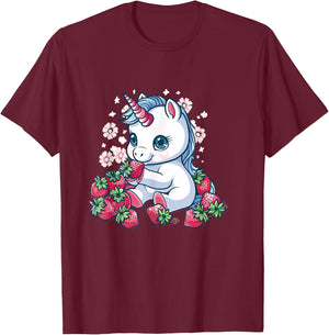 Strawberry Unicorn Cute Floral Strawberries Animal Print T-Shirt - T-Shirt | Maroon