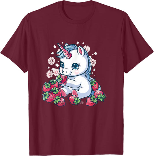 Strawberry Unicorn Cute Floral Strawberries Animal Print T-Shirt - T-Shirt | Maroon