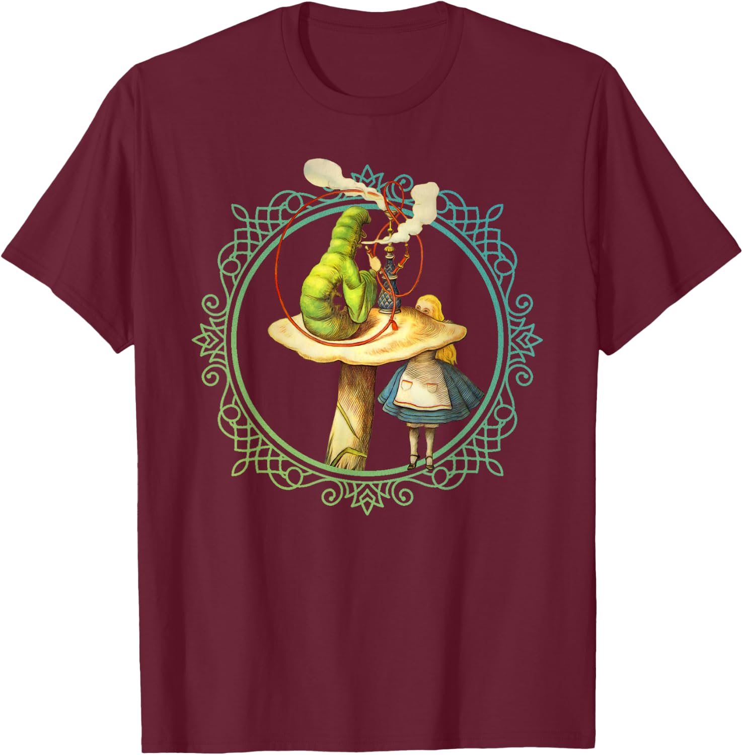 Alice and the Smoking Caterpillar - T Shirt Design T-Shirt - T-Shirt | Maroon
