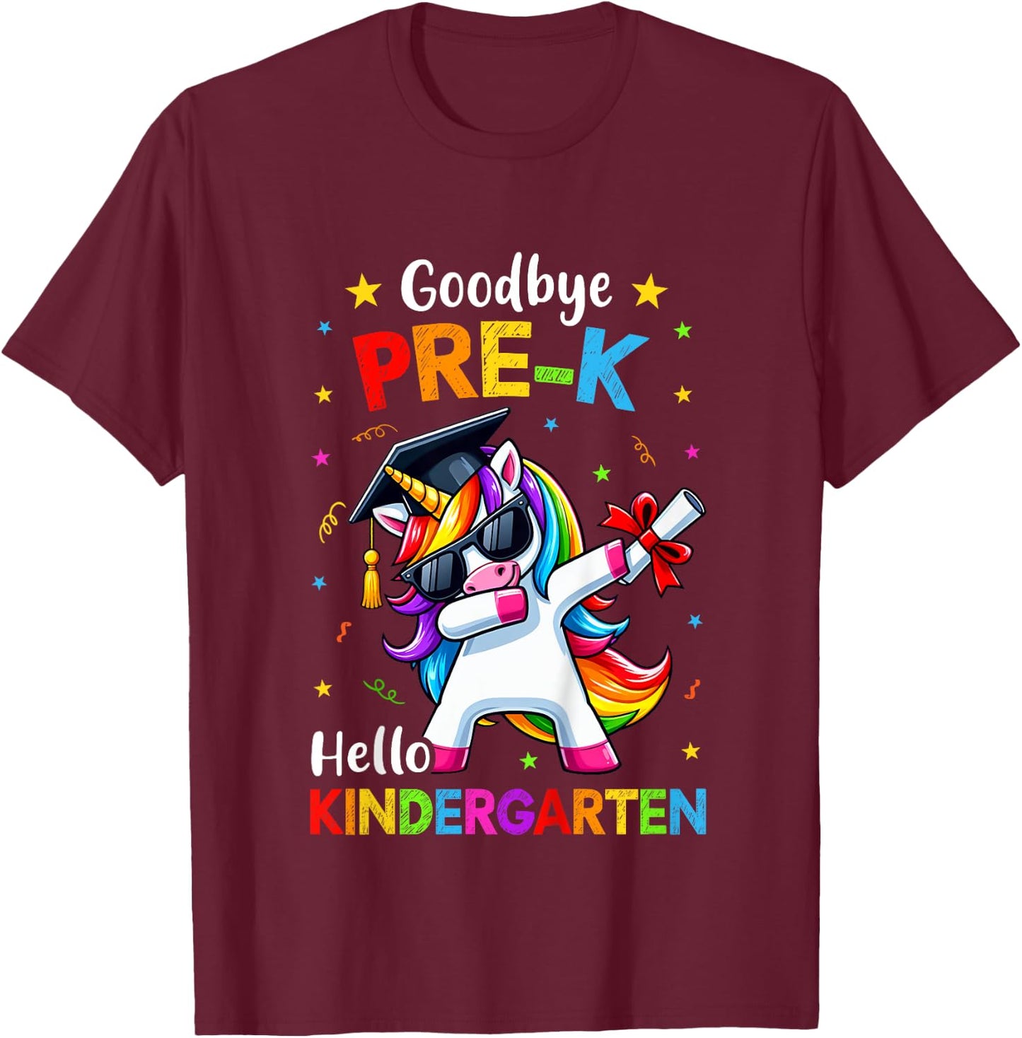 Kids Goodbye Pre-K Hello Kindergarten Graduation Unicorn Girl T-Shirt - T-Shirt | Maroon