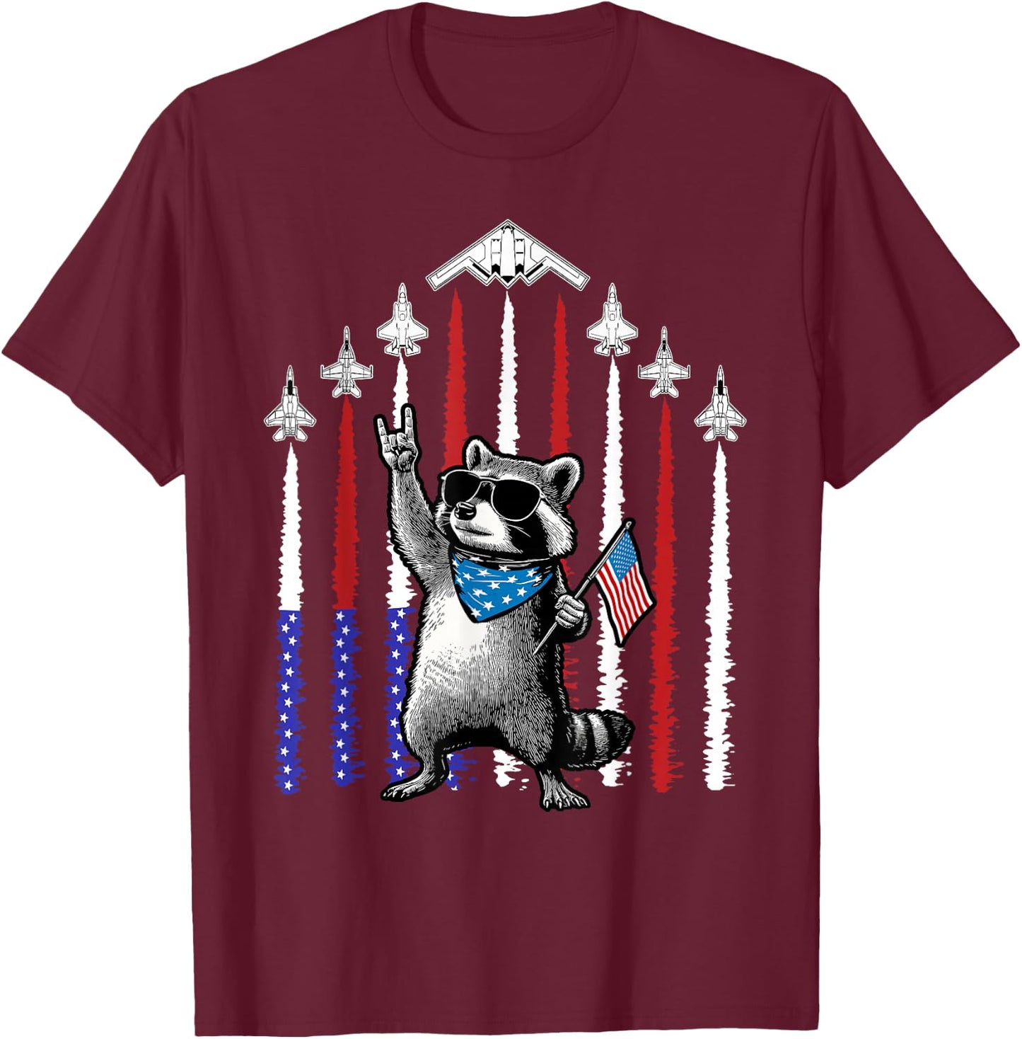 4th of July USA Flag Fighter Jets Raccoon Funny Patriotic T-Shirt - T-Shirt | Maroon