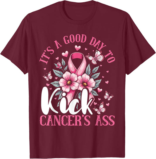 Breast Cancer Awareness, Kick Cancer's Ass, Positive Message T-Shirt - T-Shirt | Maroon