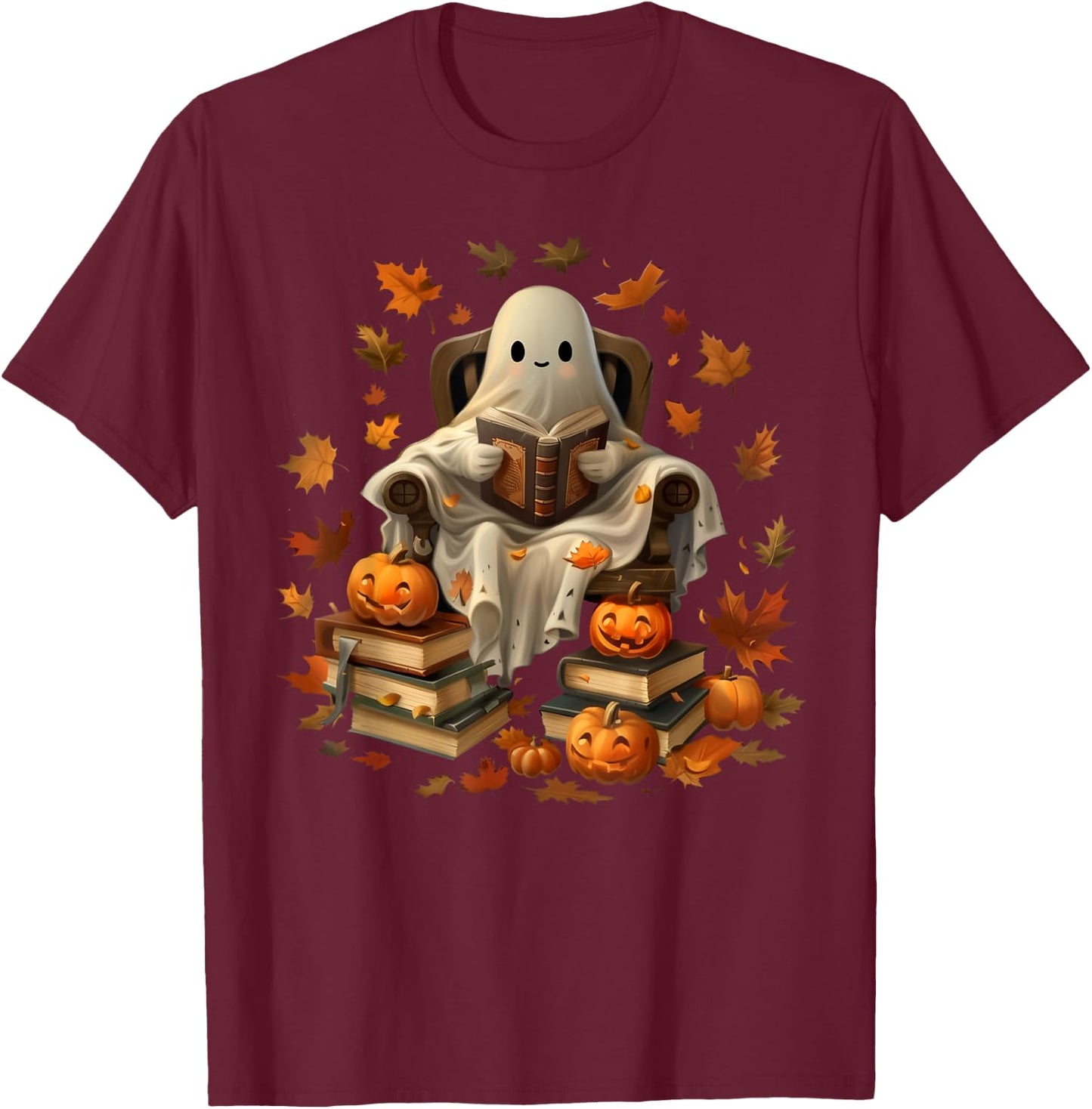 Vintage Ghost Book Reading Pumpkin Gothic Halloween Teachers Men Women Kids T-Shirt - T-Shirt | Maroon