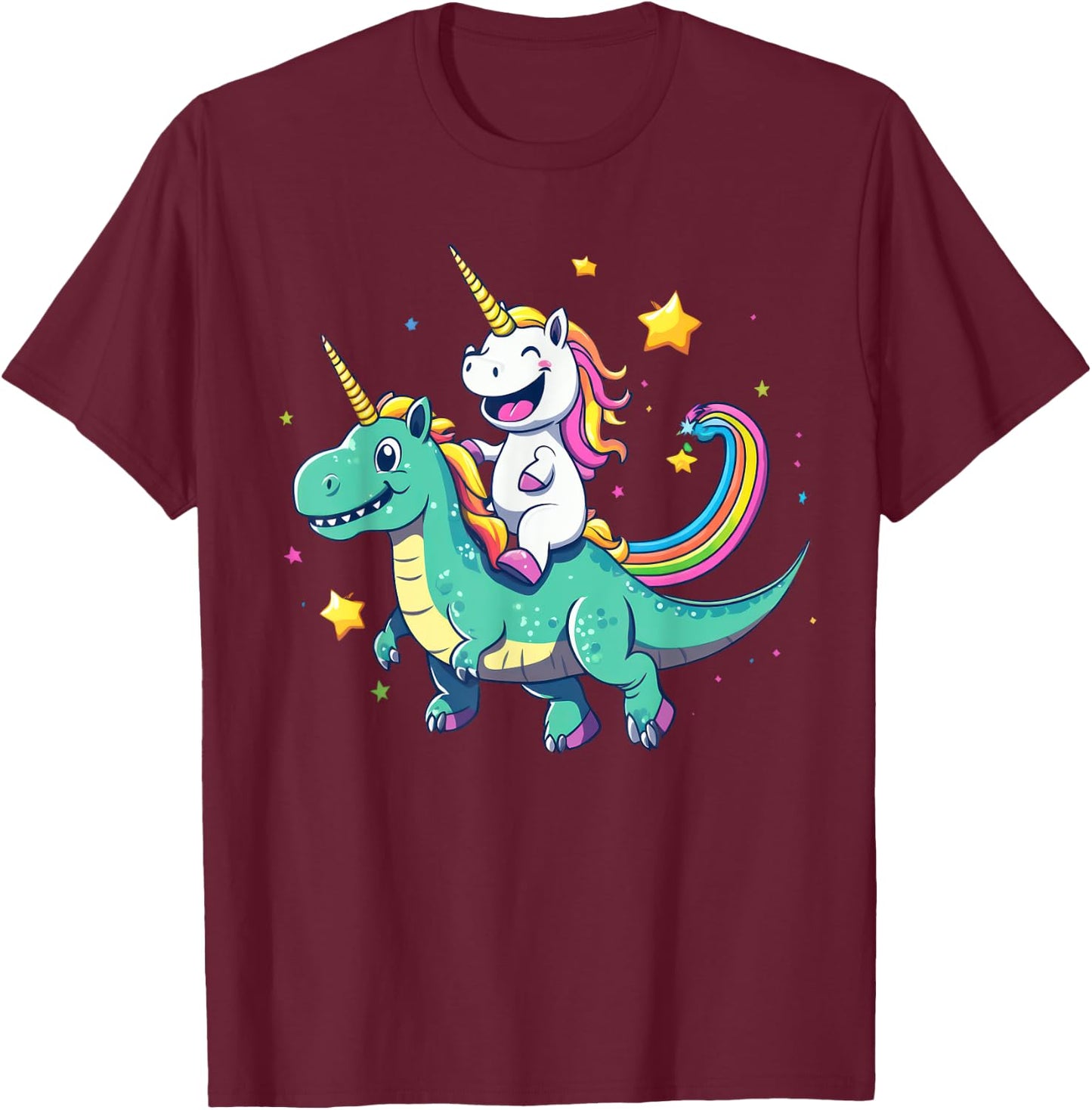 Cute Unicorn Riding T-Rex Rainbow Galaxy Design T-Shirt - T-Shirt | Maroon