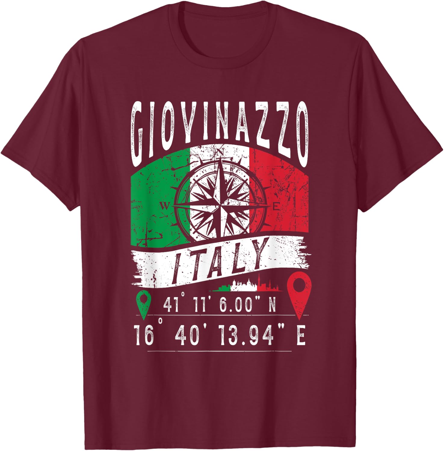 Giovinazzo Italy Flag Italia GPS Coordinates Of Giovinazzo T-Shirt - T-Shirt | Maroon
