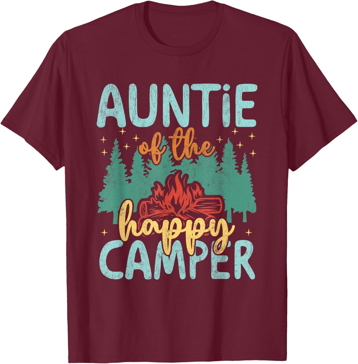 Auntie of Happy Camper 1st Birthday Party Retro Auntie T-Shirt - T-Shirt | Maroon