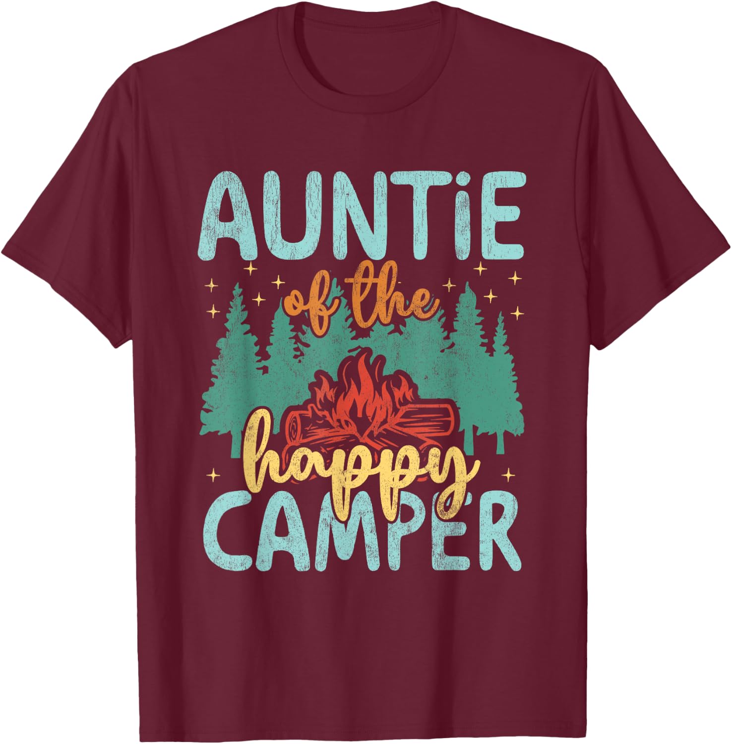 Auntie of Happy Camper 1st Birthday Party Retro Auntie T-Shirt - T-Shirt | Maroon