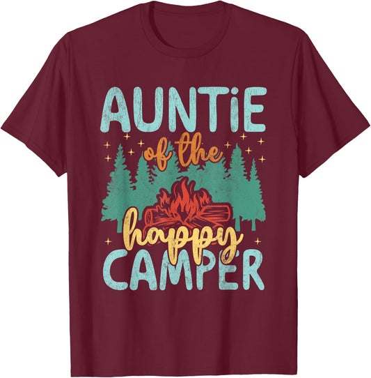 Auntie of Happy Camper 1st Birthday Party Retro Auntie T-Shirt - T-Shirt | Maroon